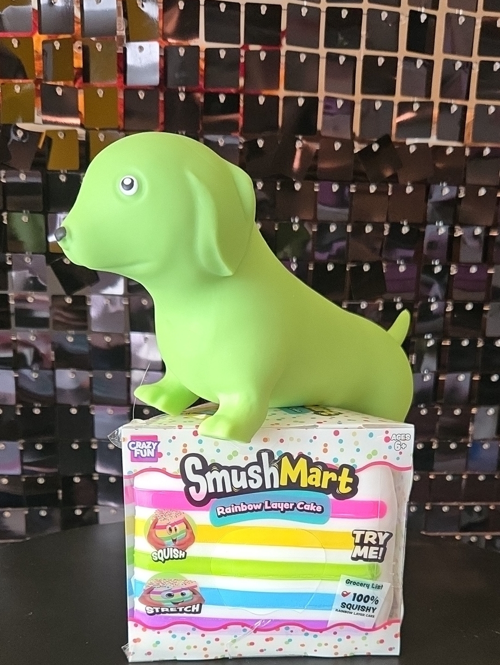 New SmushMart Rainbow Layer Cake Squeeze Toy & Squueeezy Green Dog.